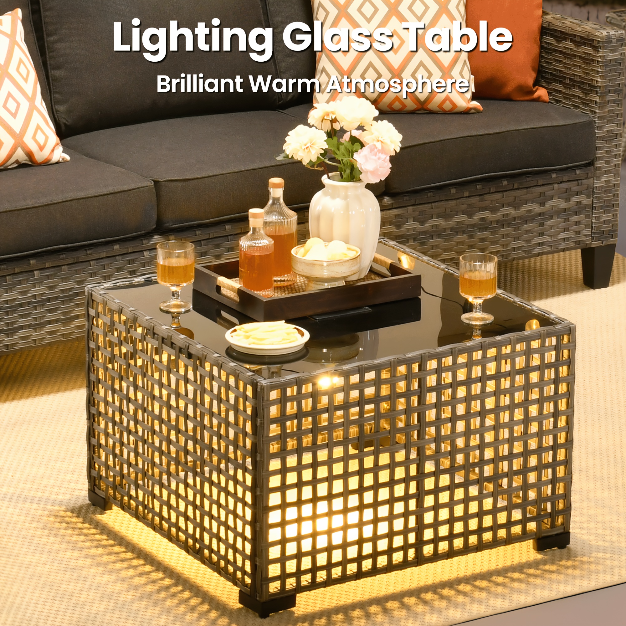 10pcs outdoor patio furniture sets with 54 fire pit table and solar led light coffe table all weather pe rattan sectional sofa conversation set with swivel rocking chairs outside modular couch with thick cushions for backyard deck 7 seats Product details 3
