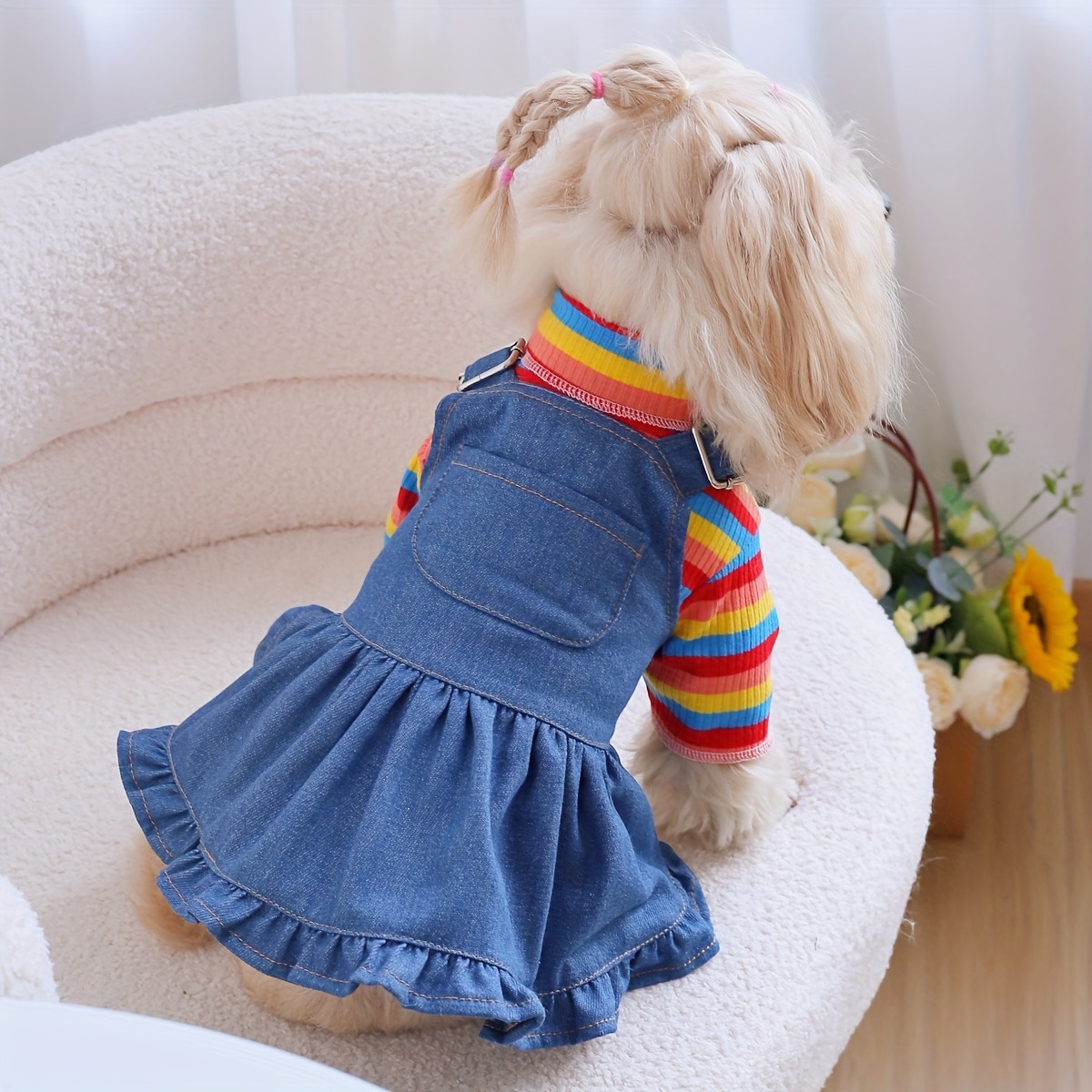 

3-in-1 Pet Outfit Set For Dogs & Cats - Stretchy Rainbow Tee & Denim Skirt Combo With Suspenders, All-season Comfort, Ideal For Small To Medium Breeds