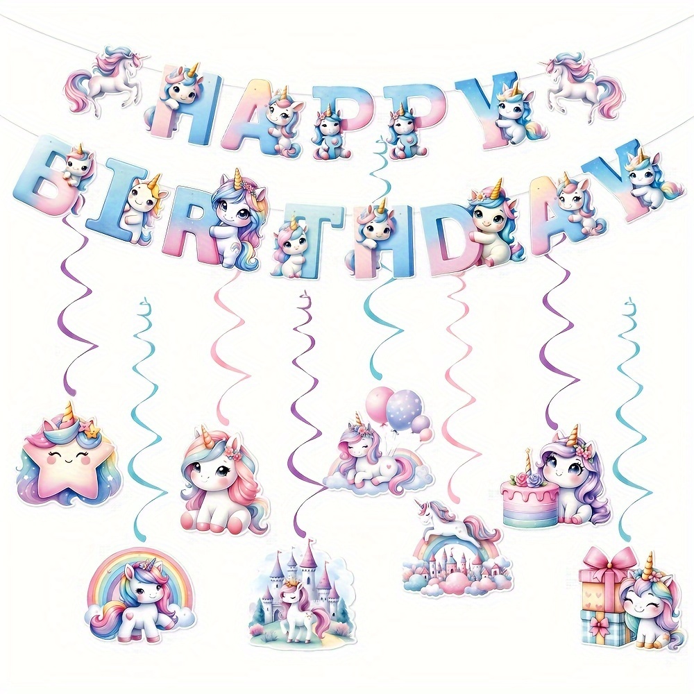 

Unicorn Theme Birthday Party Decoration Set, Banner With Hanging Spiral Ornaments, Non-electrical Paper Party Supplies Pack, Universal Accessories, Complete Unicorn Décor Kit