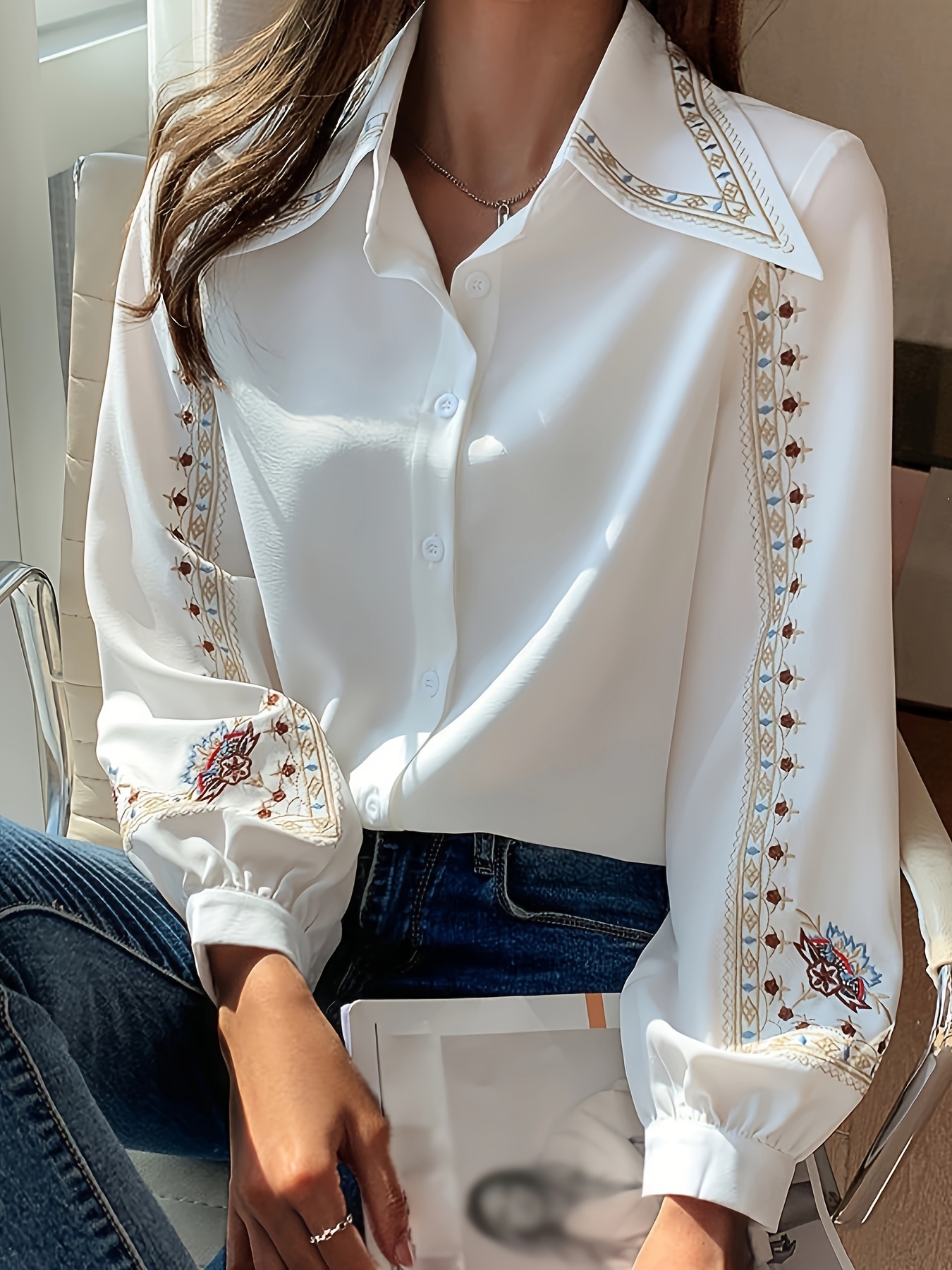 Ethnic Style Embroidered Shirt Elegant Long Sleeve Button - Temu