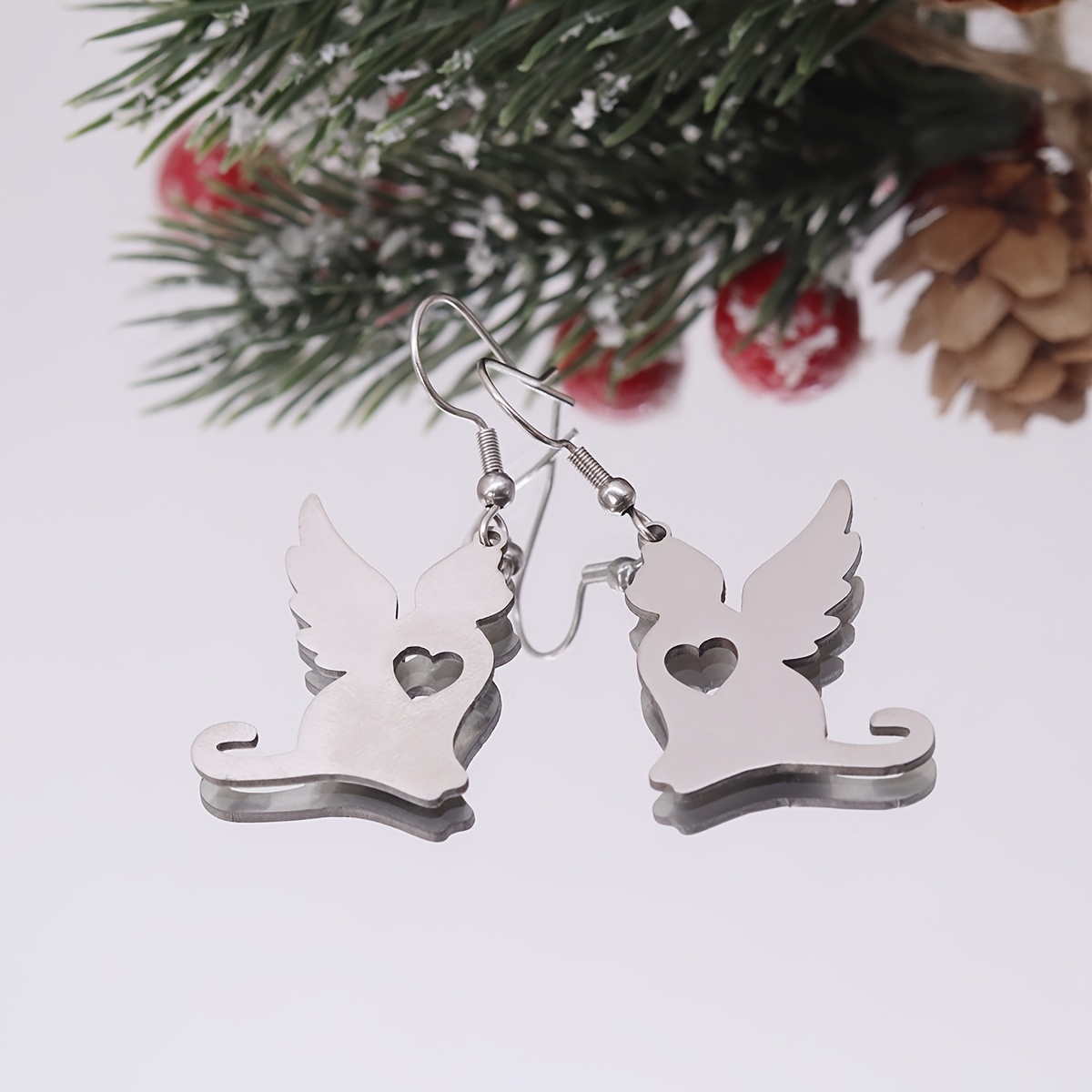 Women's Cute Angel Cat Hollow Heart Drop Earrings