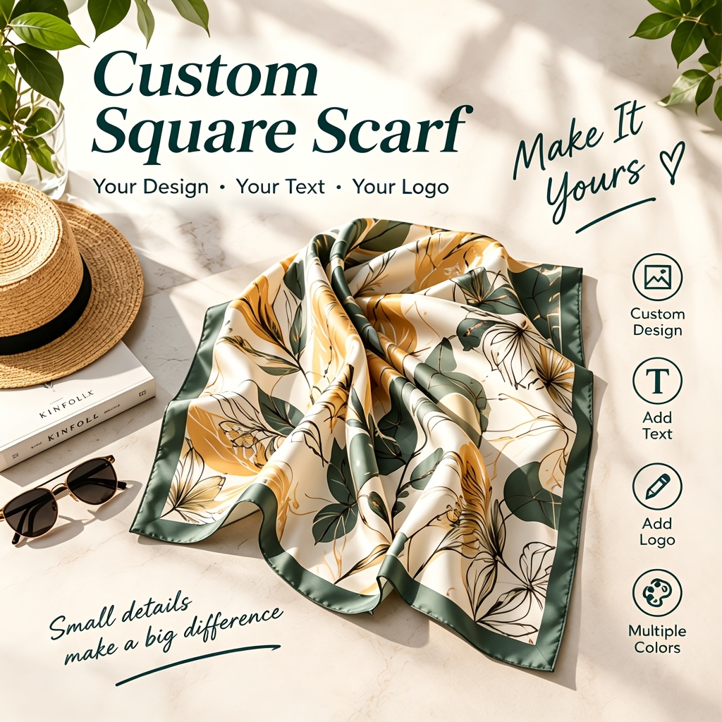 TEMU Custom Square Scarf, Printed Scarf, Headscarf, Neck Scarf, Hair Accessory, Hair Tie, Shawl, Wrist Scarf, Bag Strap, , Versatile For Vacation,