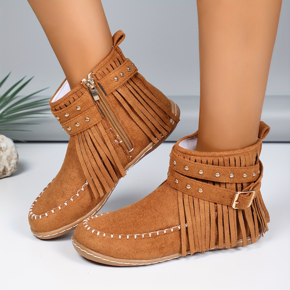 

Women's Solid Color Stylish Boots, Tassel Studded Buckle Belt Plush Lined Winter Boots, Comfort Round Toe Snow Boots Fall