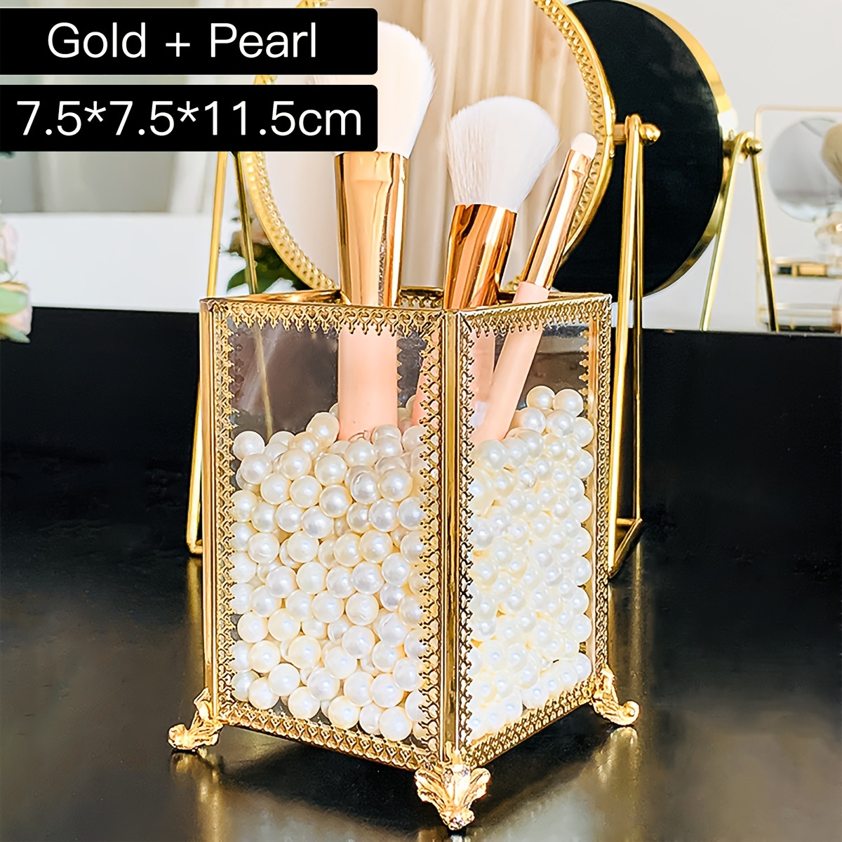 Elegant Golden Makeup Brush Holder With Pearl Accents - Transparent Glass & Metal Organizer For Brushes And Pens, Decorative Lid Included - Ideal Gift For Women, Moms, On Birthdays Or Valentine's Day