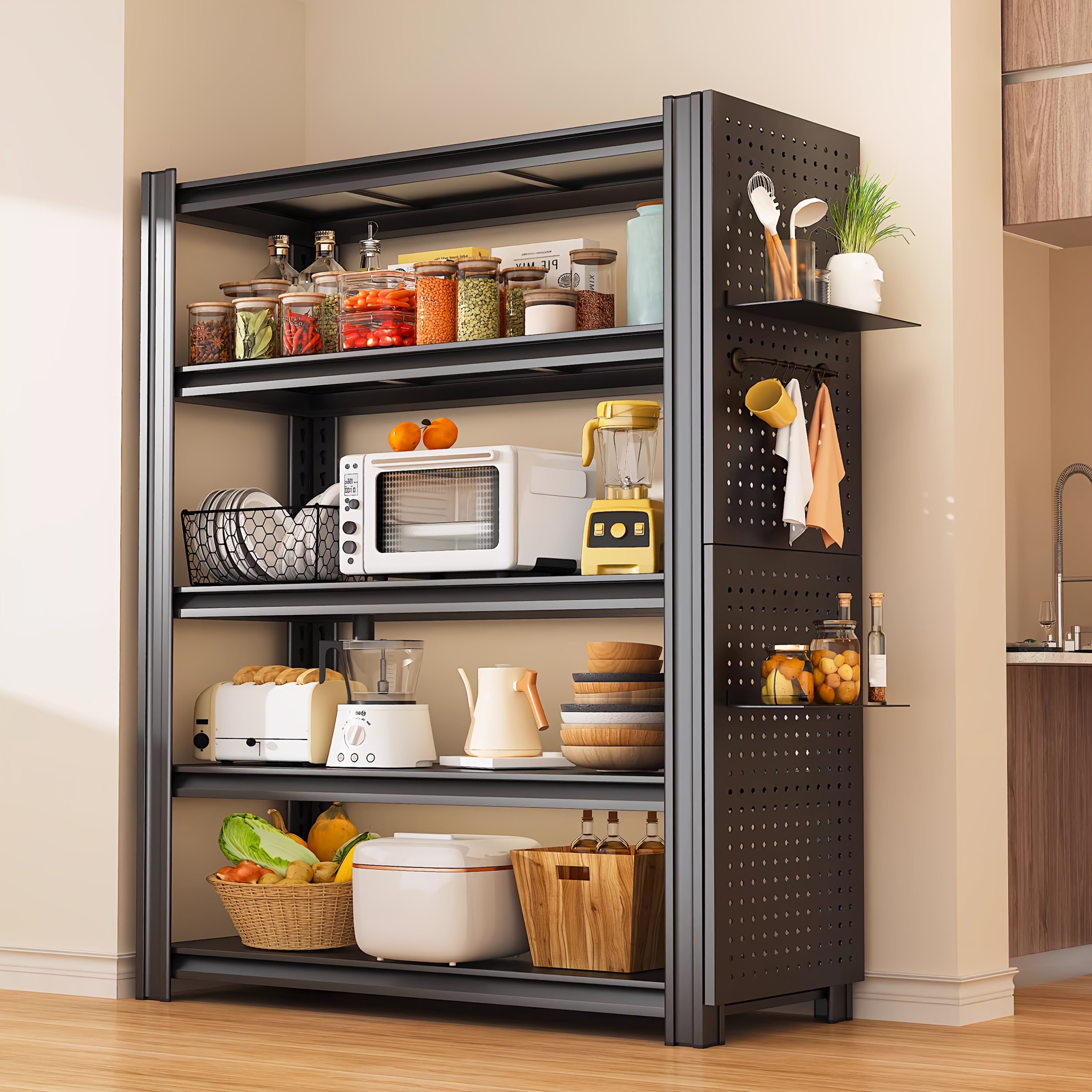 5-Tier Heavy-Duty Adjustable Kitchen Storage Shelf with Modular Shelving System & -Standing Suitable for Kitchen Organizers, Garage Tools, Microwave Stand, Baker's Rack, Utility Shelves - Assembly, Space-Saving Unit