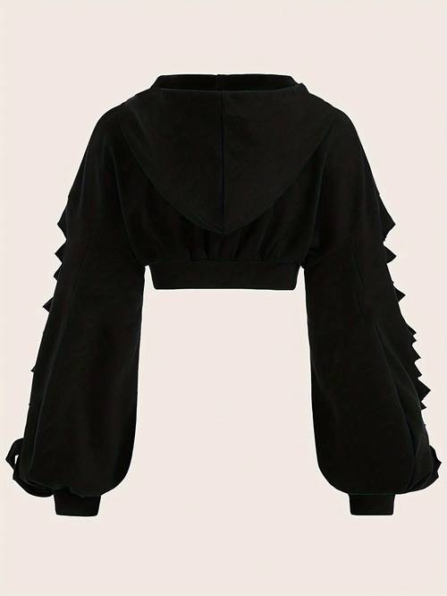 1pc womens casual viscose cropped bolero jacket with hood hollow raglan long sleeve zip up short outerwear for