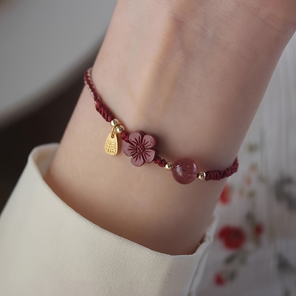 

Elegant Cord Bracelet Strawberry Crystal And Charm, Purple Bead, Traditional Chinese Red Jewelry For Women, Ideal For & Gifts