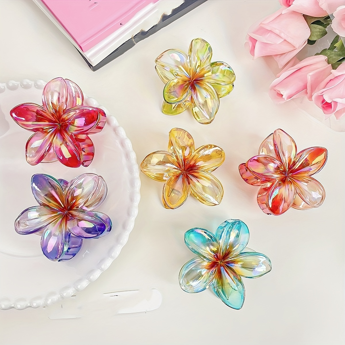 

Multicolored Flower Hair Clips, Elegant Simple Shark Clip, Women's Hair Accessories For Beach Vacation, Transparent Floral Barrettes