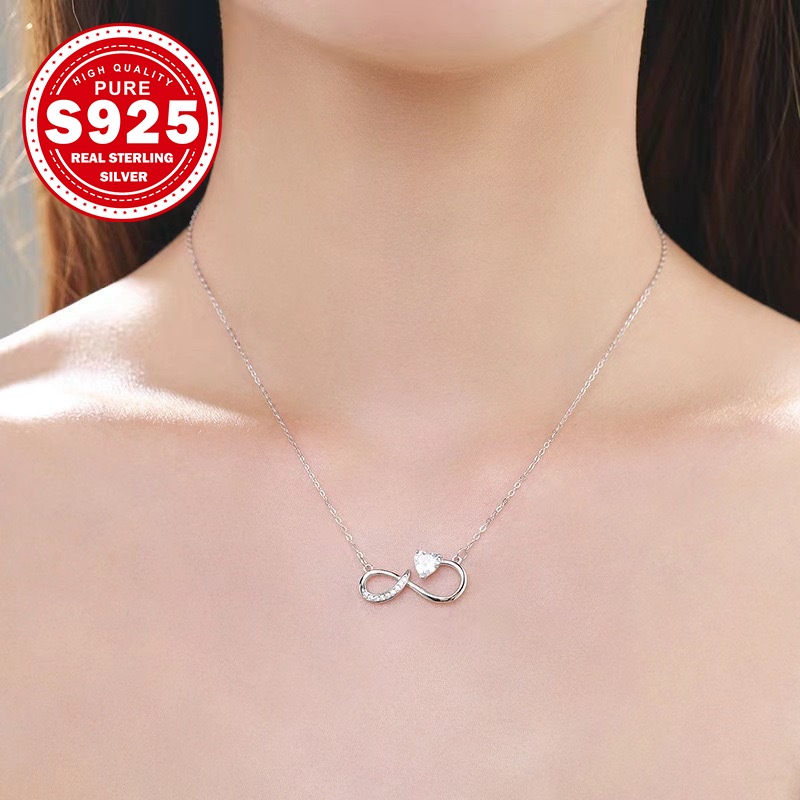 S925 Silver Infinite Necklace with Synthetic Zirconia, Elegant Design