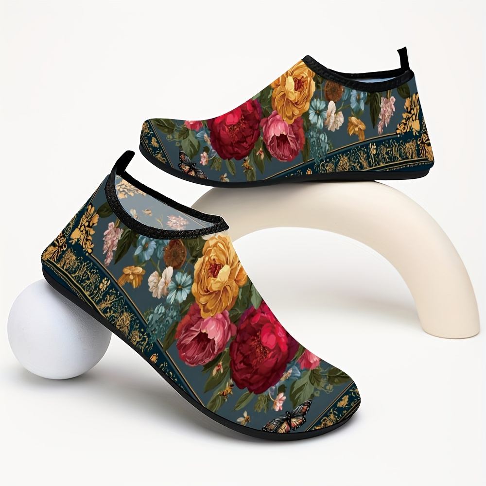 TEMU Elegant Vintage Large Rose Peony Floral Printed Comfortable Slip On Water Shoes For Women And Men For Beach Wading Swimming And Daily Leisure