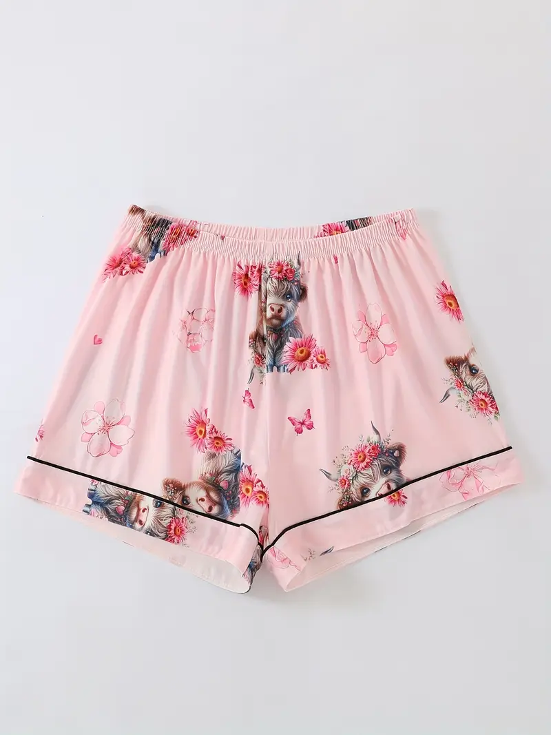 a set of three pink floral print pajamas for women featuring a comfortable long sleeve button up shirt and loose elastic shorts and pants casual outdoor wear and home lounging in Product details 4