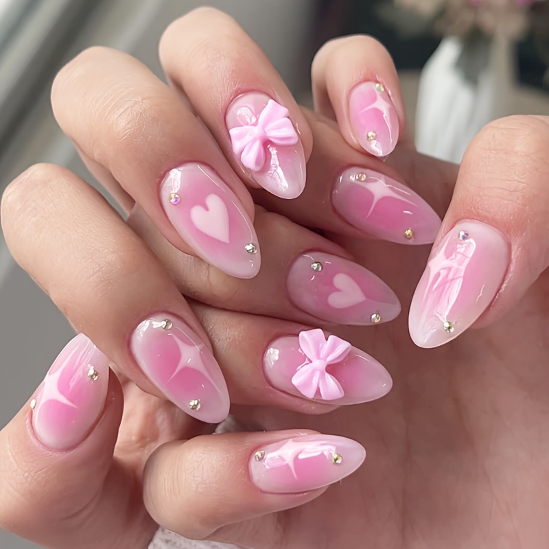 24pcs Gloss Medium-length Almond Press On Nails Gradient Blush Pink With Starlight Rhinestones 3d Bow And Heart Decorated For Women Dating Press On Nails Art