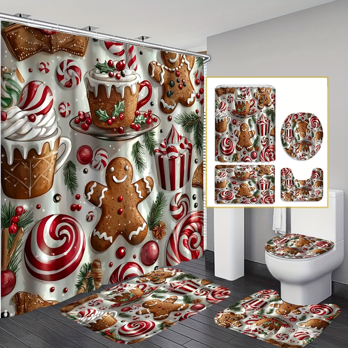 

1pc/4pcs Christmas Ornaments, Christmas, Pattern Shower Curtain, 12 Shower Curtain, Bathroom Rug, U-shaped Mat, Lid Mat, Bathroom Decorations, Bathroom Shower Curtain Set Christmas