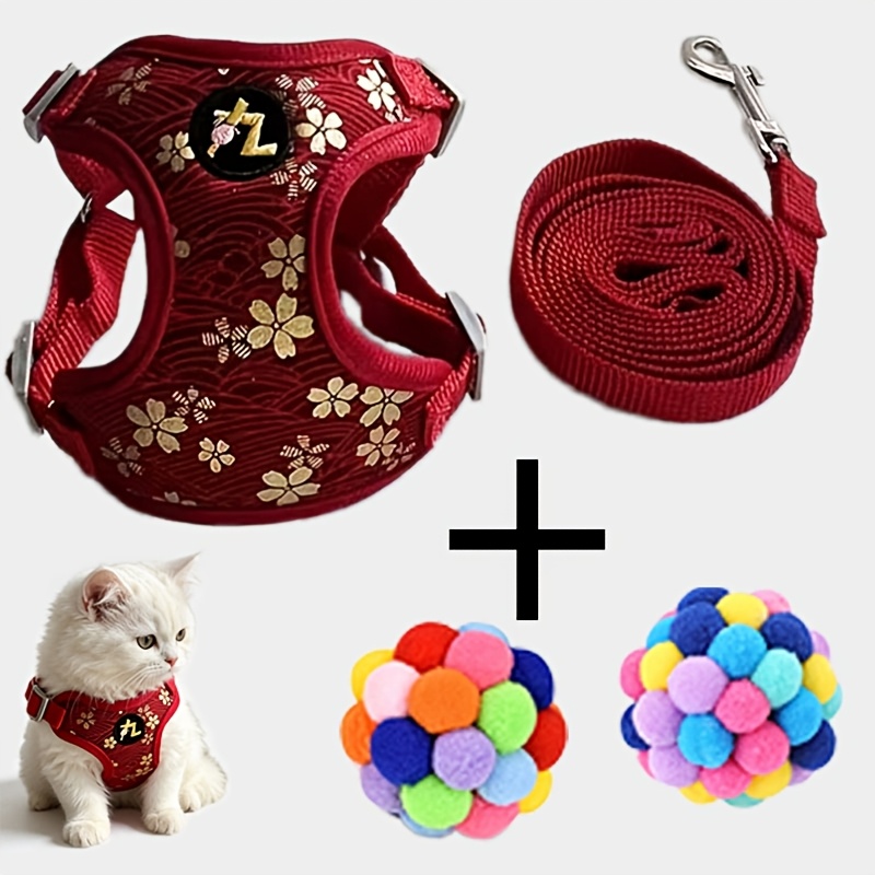TEMU Multi-colored Leash With 2pcs Balls, Cat Harness And Leash, Anti-escape, Soft And Adjustable Cat Belt, Breathable And Comfortable Vest, ,
