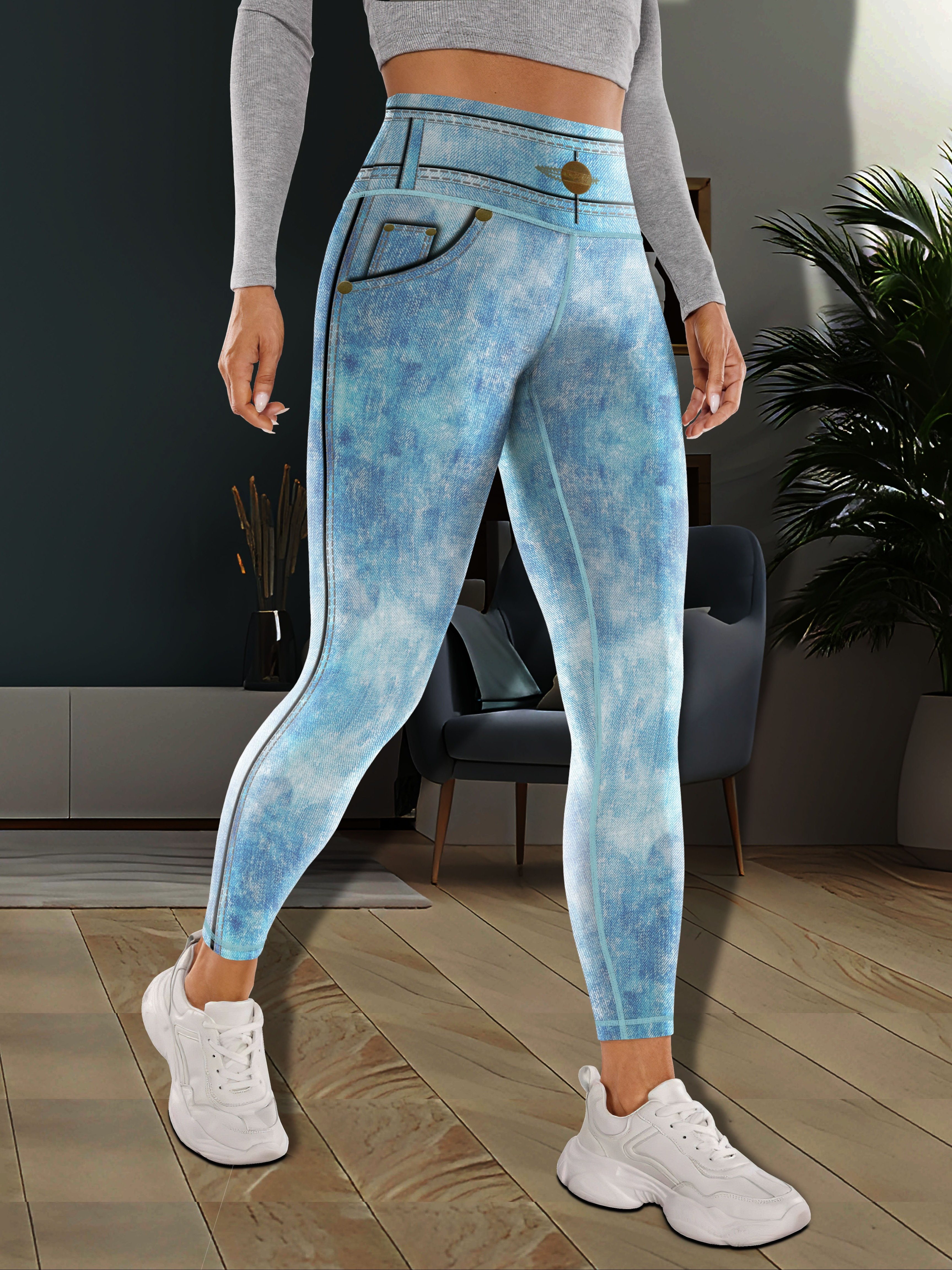 Faux Denim Jeans Print Yoga Sports Leggings With Faux Zipper Decor, Tummy  Control High Waist Workout Stretch Tight Pants, Women's Activewear