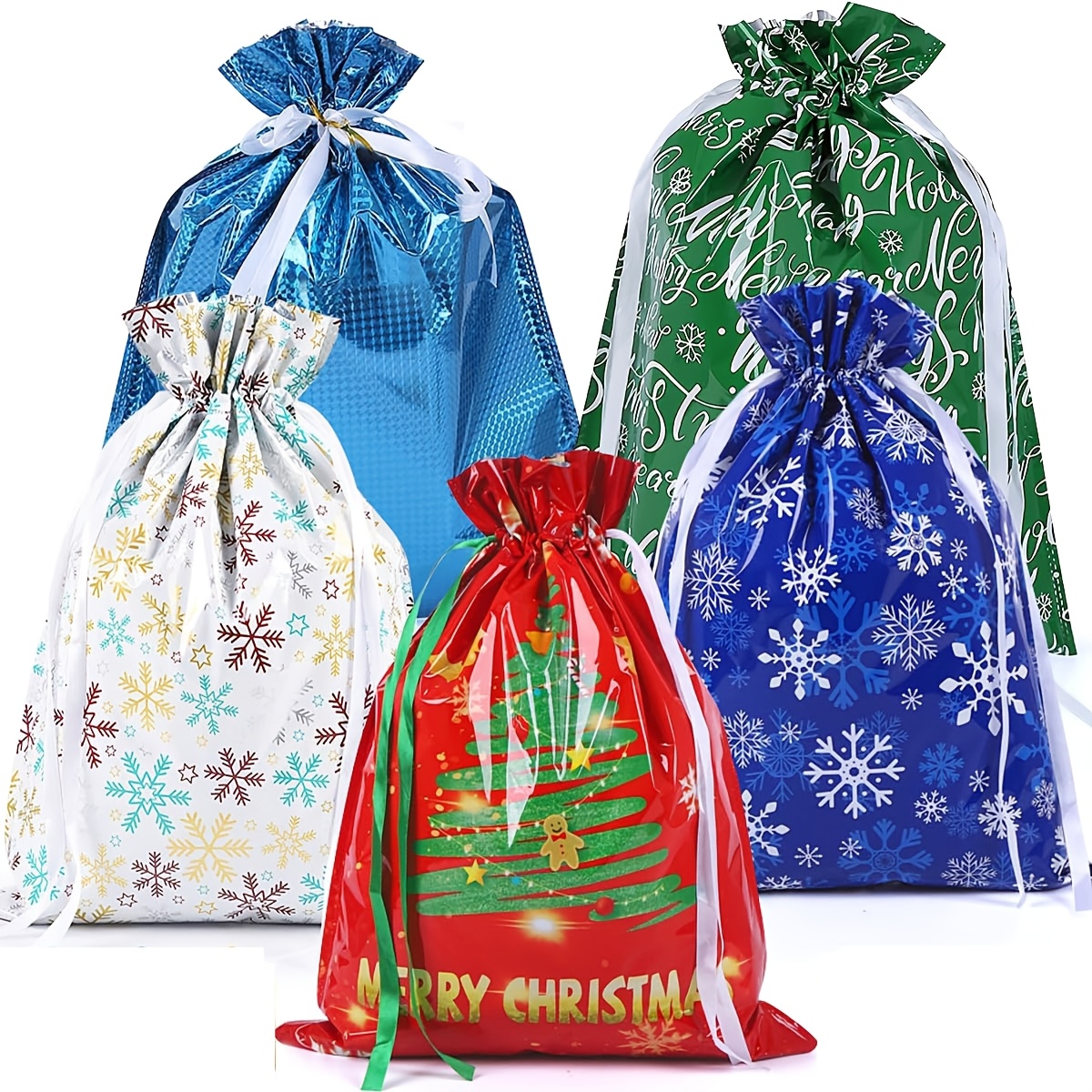 TEMU 5pcs Large Reusable Plastic Christmas Gift Bags With Drawstring Closure - Suitable For Parties, Weddings, Birthdays | Festive Foil Suitable For