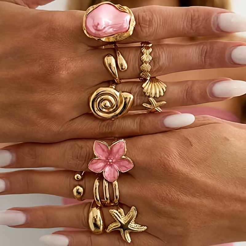 TEMU Juego de 10 anillos apilables de aleación estilo bohemio de vacaciones con esmalte de flores y , dulces, frescos y picantes estilo Instagram,