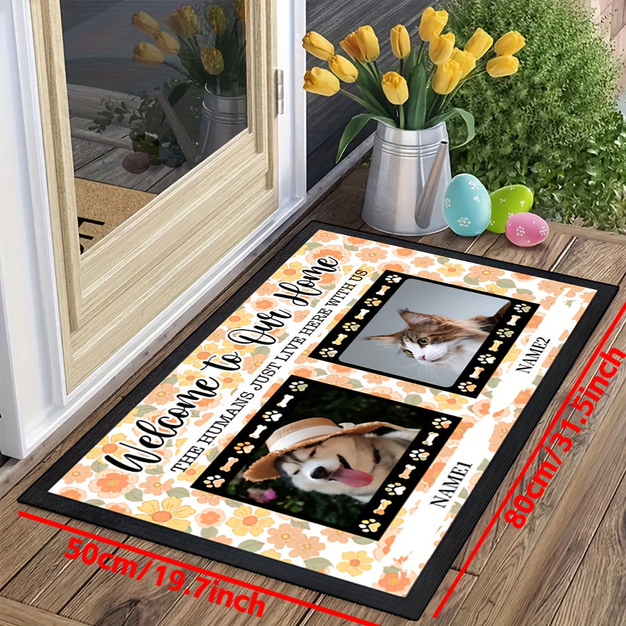 TEMU Personalisierte Hund Willkommensmatte mit Rutschfester Silikonunterseite - Anpassbares Foto- & Namendesign, Weiches Flanellmaterial, Oranges