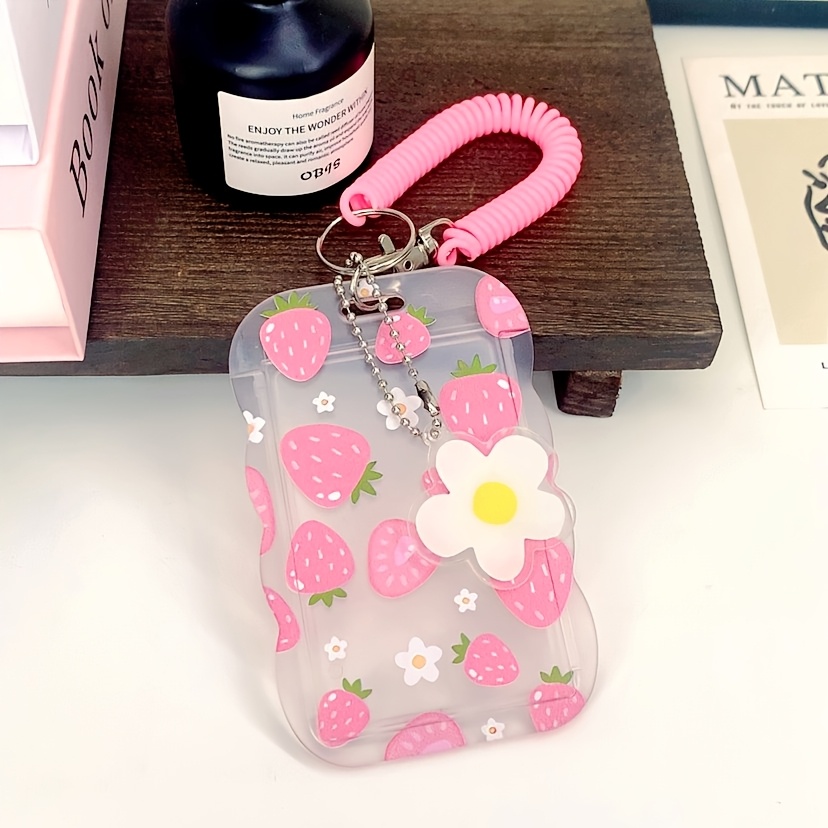 TEMU Strawberry Card Holder Case With Wrist Strap & Pendant - Pink Abs Slide Case Suitable For Storicards, Id Badges, Student Campus Ids - Spring