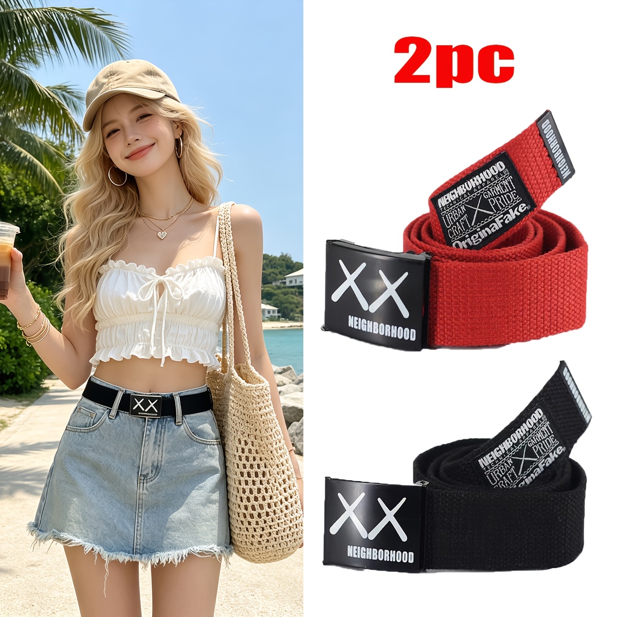 2 Women's Multicolored Adjustable Nylon Webbing Belts with Automatic Buckle