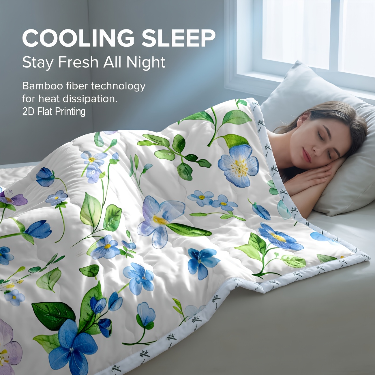 TEMU 1pc Bamboo Reversible Cooling & Warm Summer Comforter, Watercolor Floral Lightweight Breathable Switchable Temperature Control Use Machine