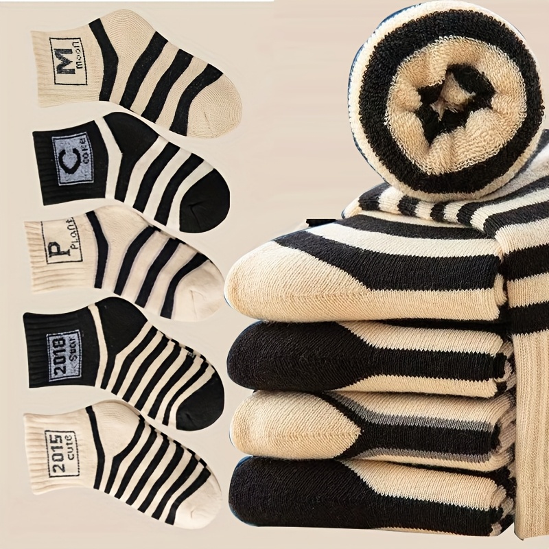 

6pcs Cozy Striped Crew Socks For - , Warm & Soft Polyester , Machine Washable