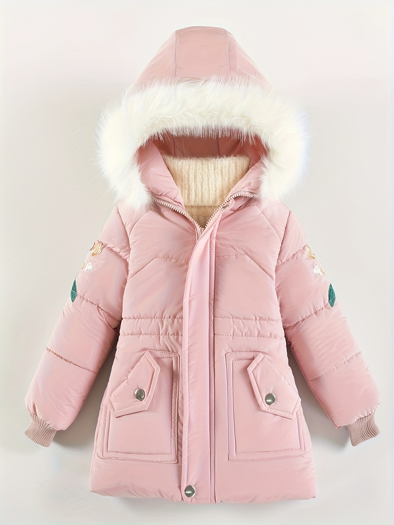 girls pink winter parka fur hood thickened warm jacket Temu New