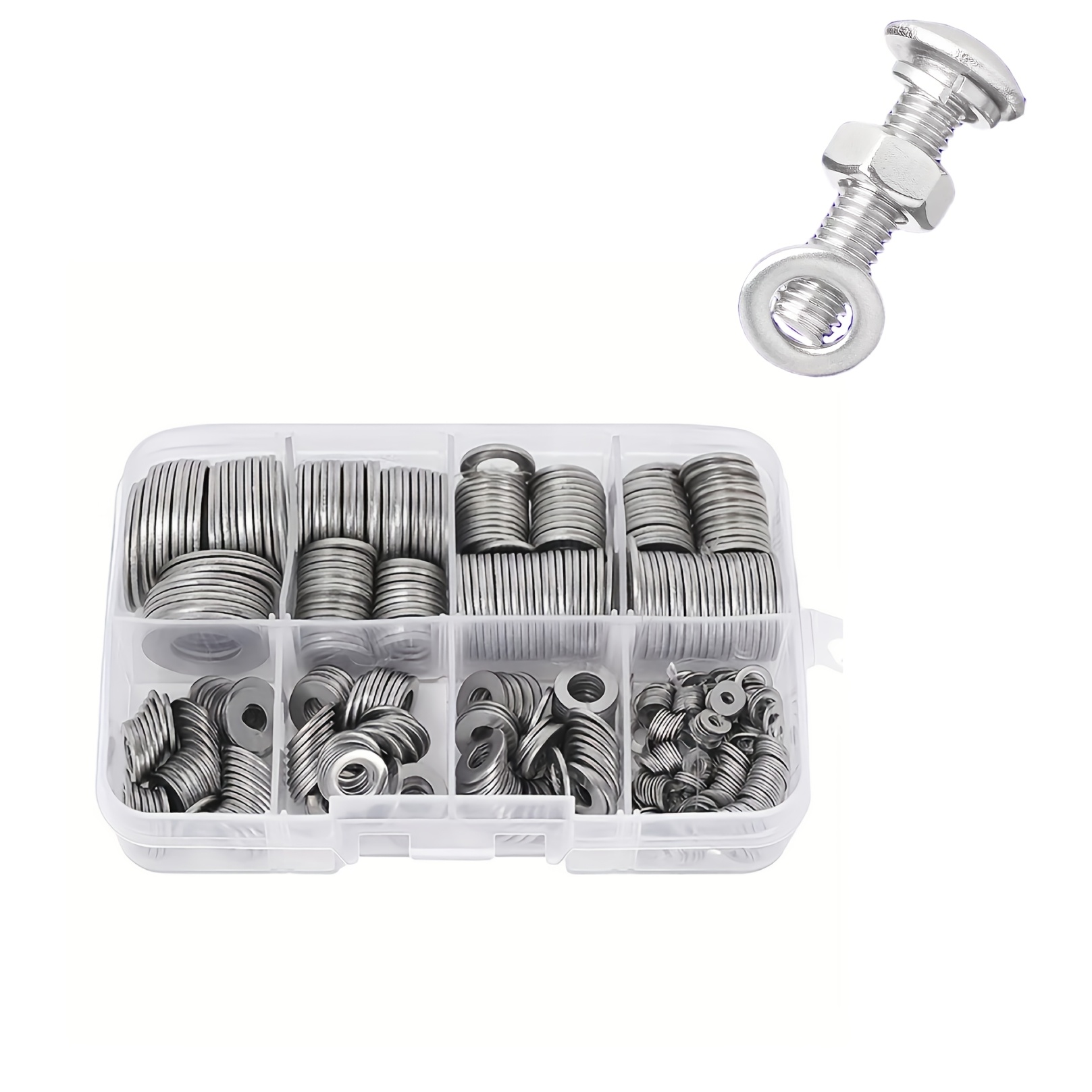 TEMU 580pcs 304 Stainless Steel Flat Washers Set, Durable Material, Polished Surface, With Storage Box O- Spacer Combination, Including 9 Regular