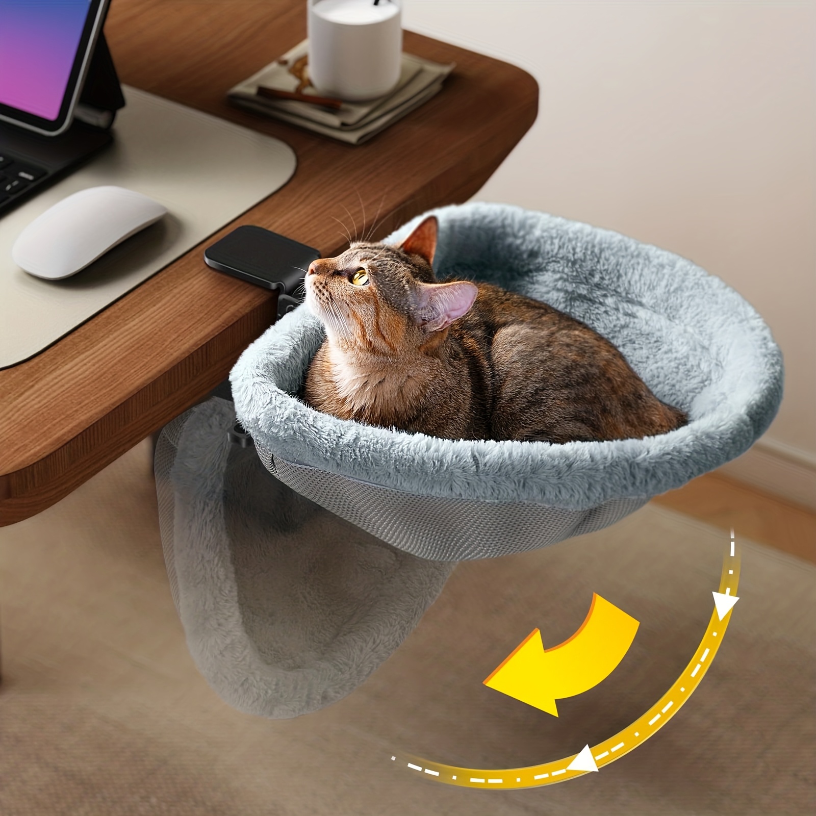 TEMU Desk Bed - One- Click Folding, Sunken Design & Space - Saving Semi - Circular Cat Bed Soft Faux Rabbit Fur Material, Suitable For Desktops - Hold Up To 40lb