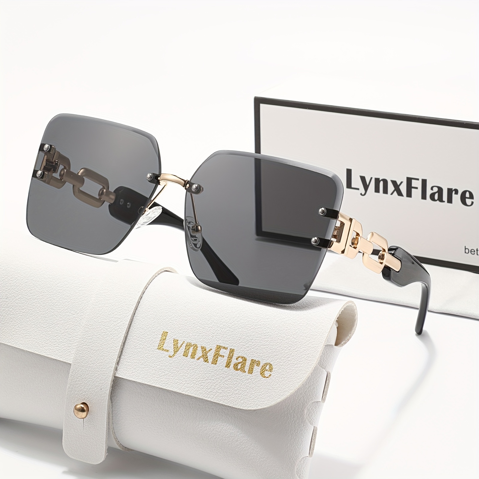 Image of 1pc Easy Comfortable Fashion Full-frame Square Frame Lynxflare New European Square Frameless Sunglasses Uv400 Chain Temples/street Style Women' Pc Glasses Versatile Easy Lens
