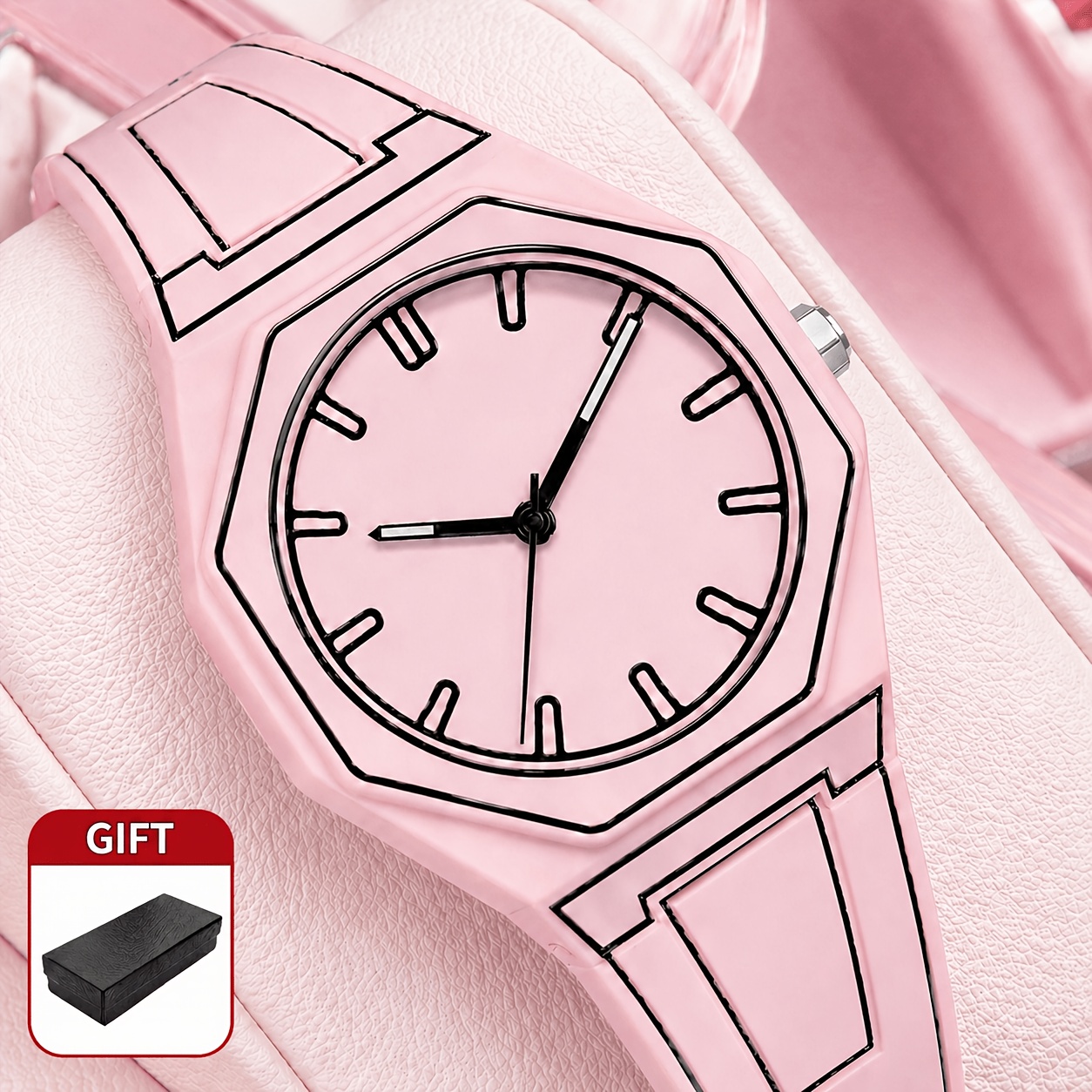 TEMU 1pc Ladies' Pink Tape Creative Cartoon Quartz Watch