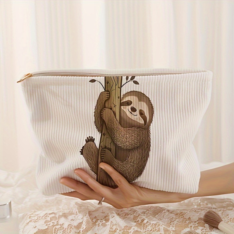 Image of Cartoon Sloth Pattern Printed Corduroy Zipper Storage Bag Cosmetic Bag, Lightweight Cosmetic Bag, Multi-functional Wash Bag With Lining, For Girls Going Out