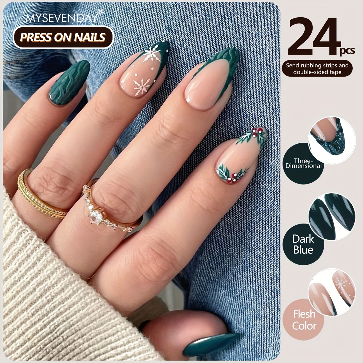 Western Style Art, 24pcs Press-on Nail Stickers, Snowflake Pattern Striped Removable Reusable, Suitable For Women's Party And Daily Wear, With 1pc Jelly Glue And 1pc Nail Buffer Strip