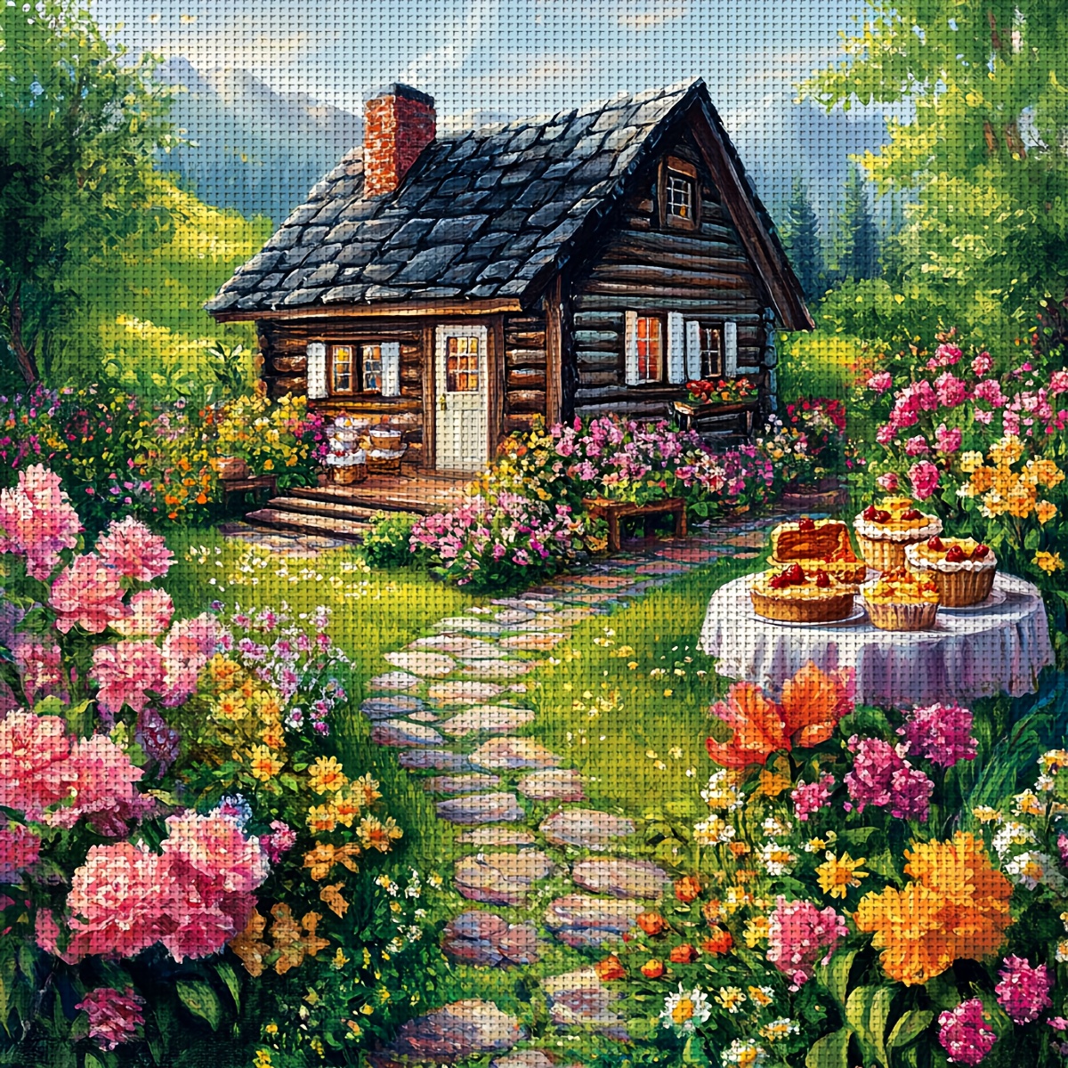 TEMU Zuoanlf 1pc Frameless 40 X 40 Cm/15.7 X 15.7 Inches, Cottage Surrounded By Flowers, 11ct/14ct Printed Kit, Relaxing Embroidery Set For Adult