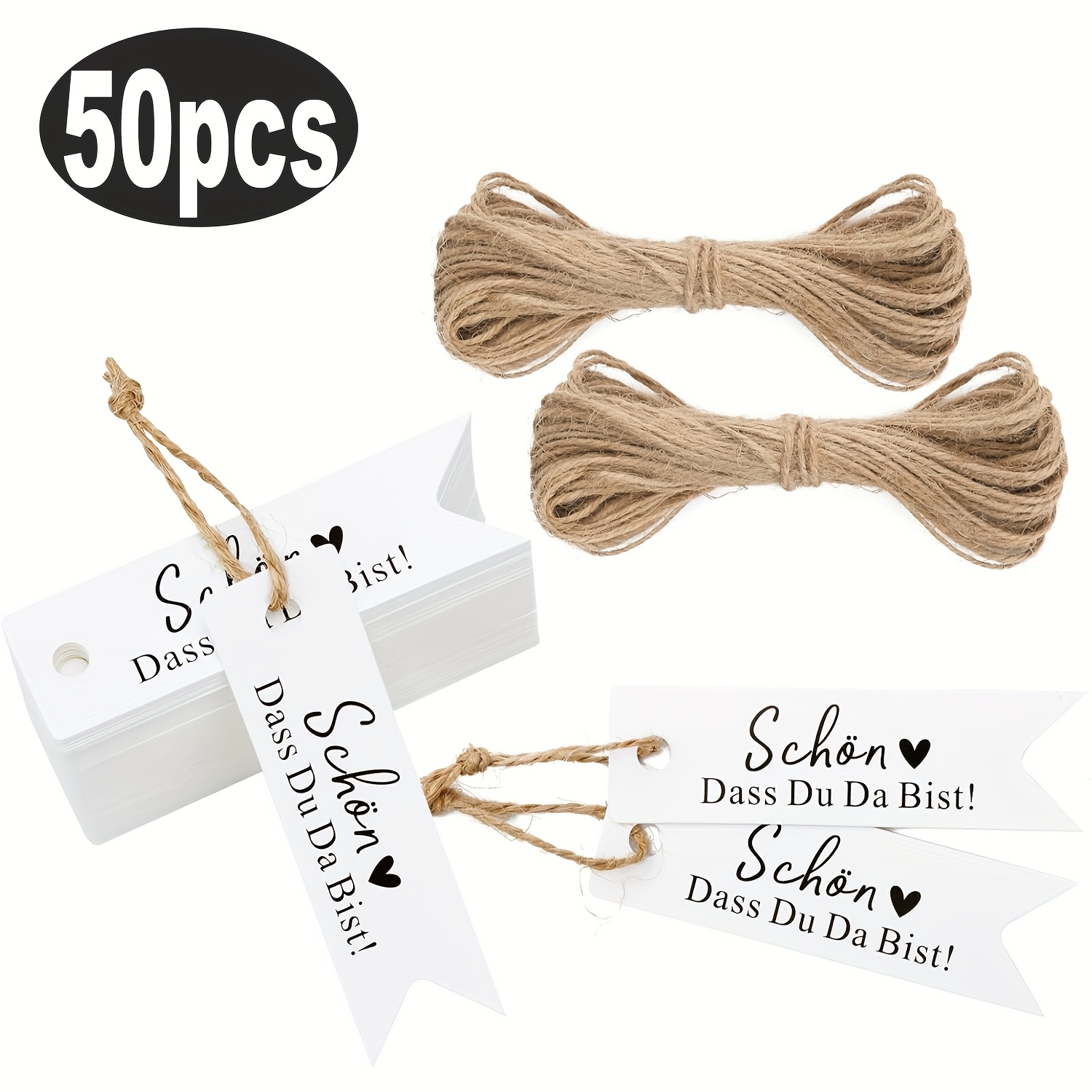 E-shop 50 Stück "Schön Dass Du Bist!" Deutsche Geschenkmarkierungen mit Band - 10,5x3cm, weiße Papierschilder für Geburtstage, Hochzeiten und
