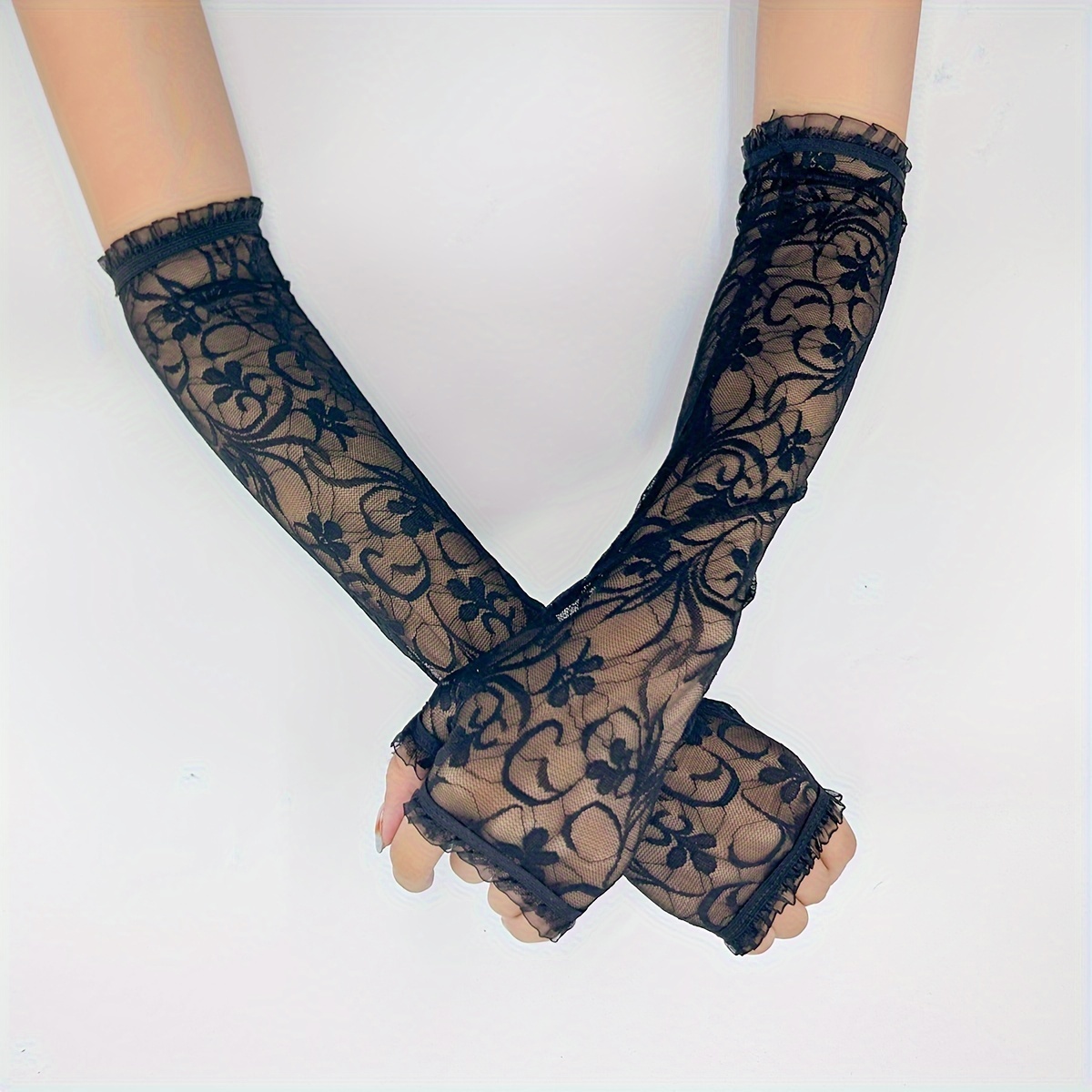 Black Lace Gloves Thin Breathable Arm Cover Summer Long - Temu
