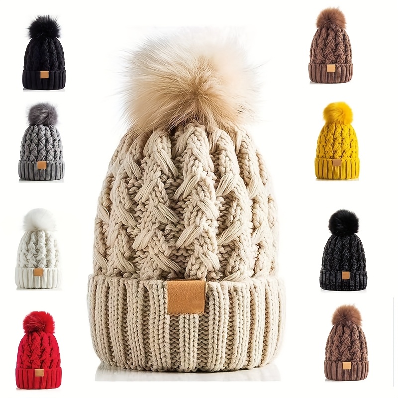 Women's Winter Beanie With Big Pom Pom - Thick Fleece Lined, Slouchy Knit, One Size Fits Most (Black+Olive)