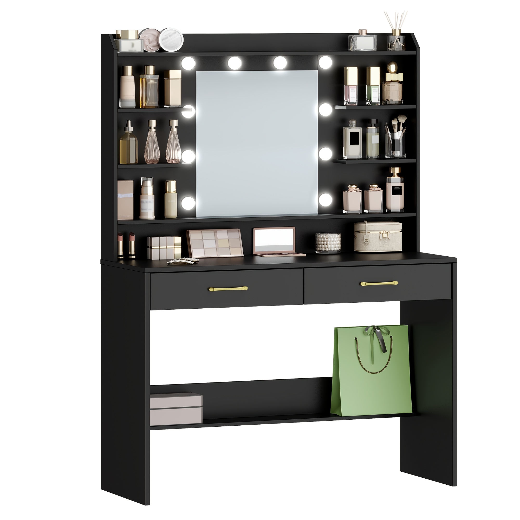 Dressing Table With Mirror, Vanity Table With Shelves And 2 Drawers, For Bedroom, Living Room, Adjustable Brightness, 40 X 100 X 149cm, Black