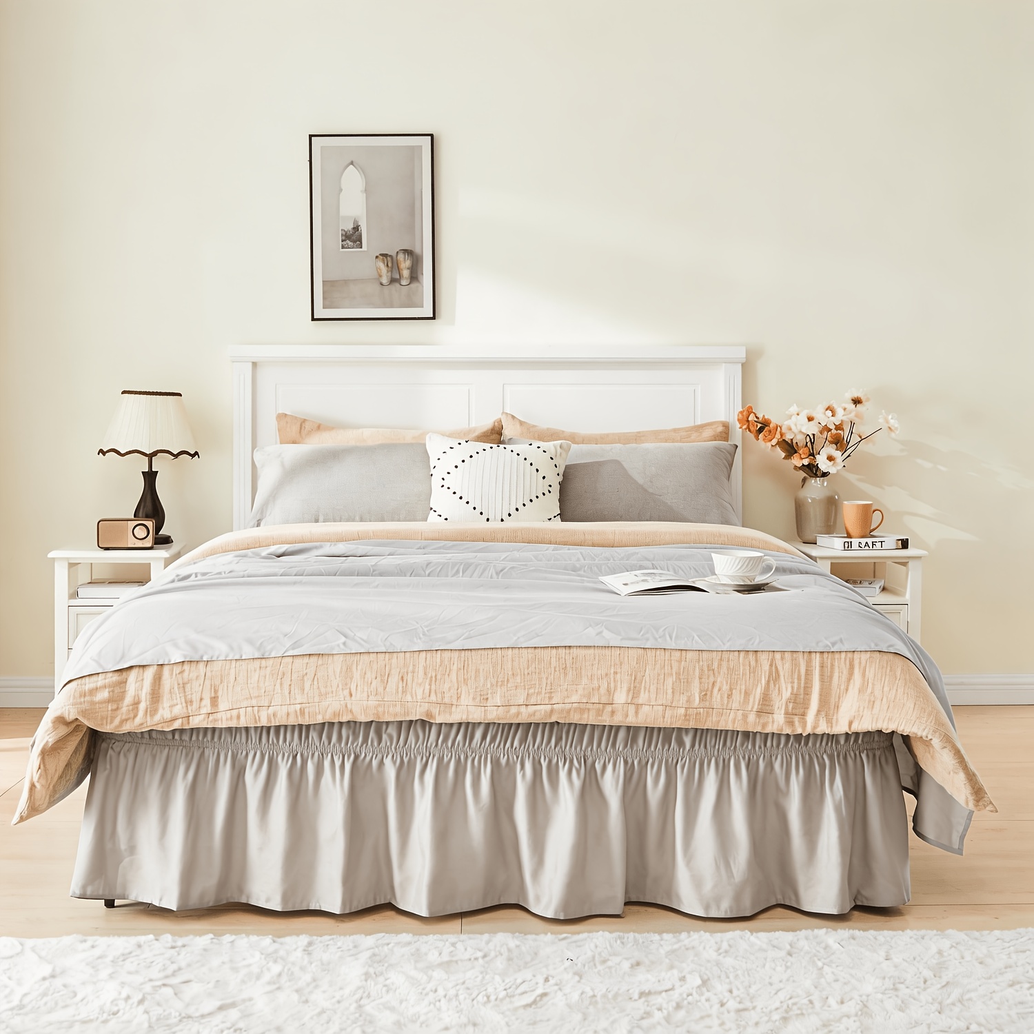 Image of Wrap Around Elastic Bed Skirt With Double Elastic Bands, 41cm Drop Pleated Bed Skirt, Brushed Wrinkle-free Fabric, Machine Washable, For Bed Sizes, Durable And Stylish