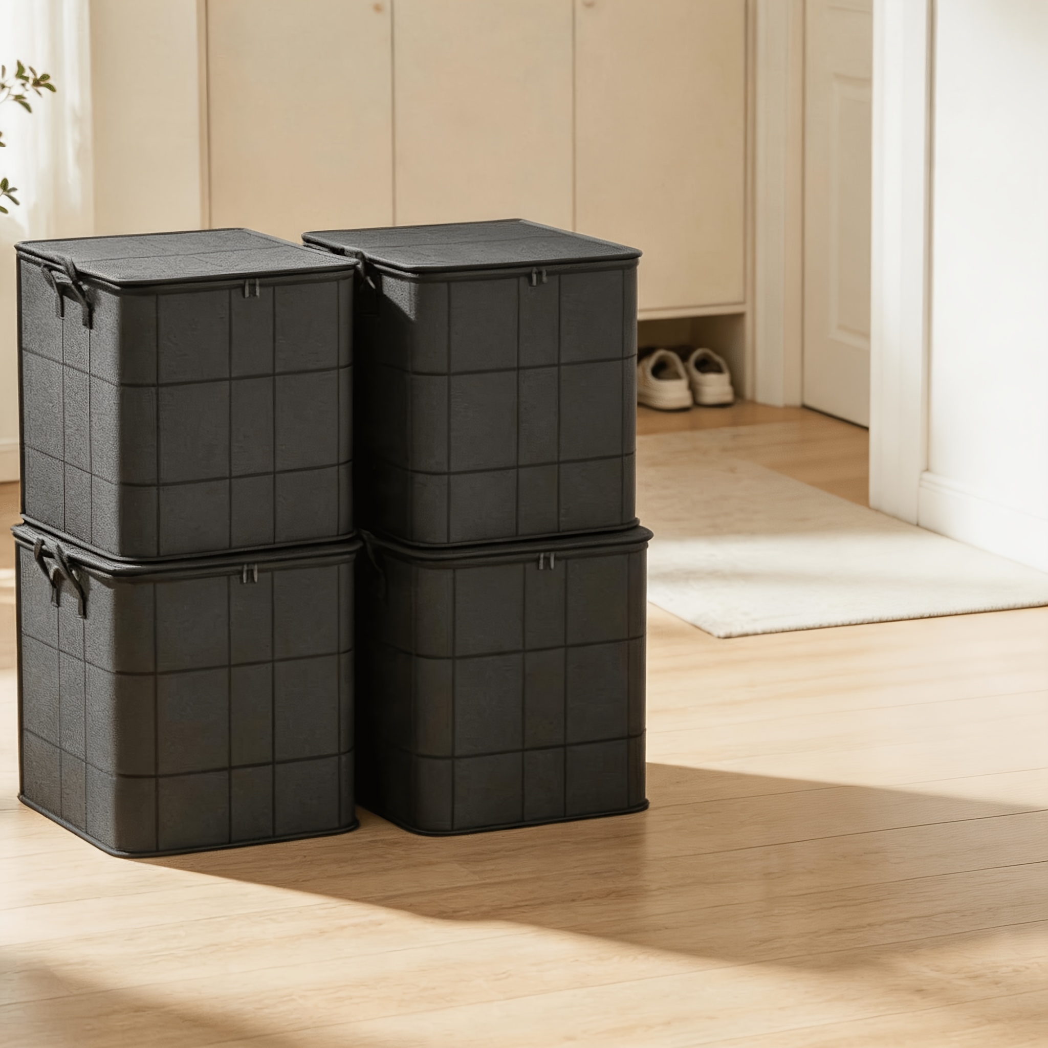 TEMU 4 Pack Foldable Moving Storage Bags With Lid, Grid Pattern Oxford Fabric Storage Organizer, Multi Size Options, For Clothes Bedding Seasonal