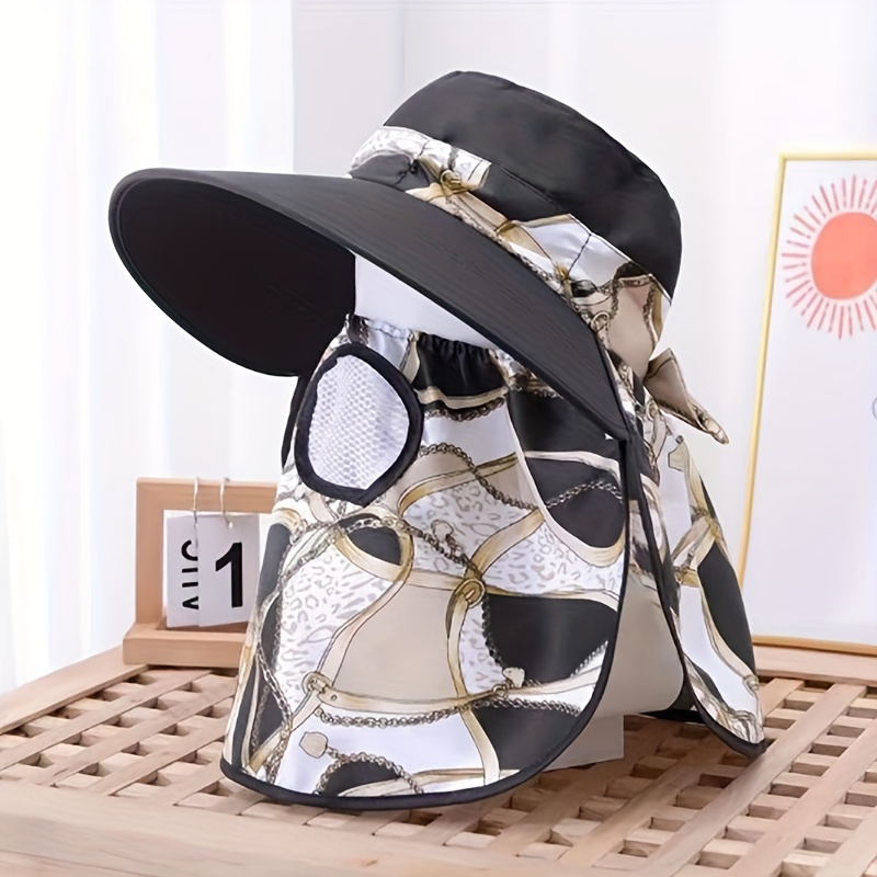 

Summer Women Outdoor Print Fisherman Hat Uv Protection Wide Brim Garden Work Shade Hat Breathable Face Mask Detachable Sunhat