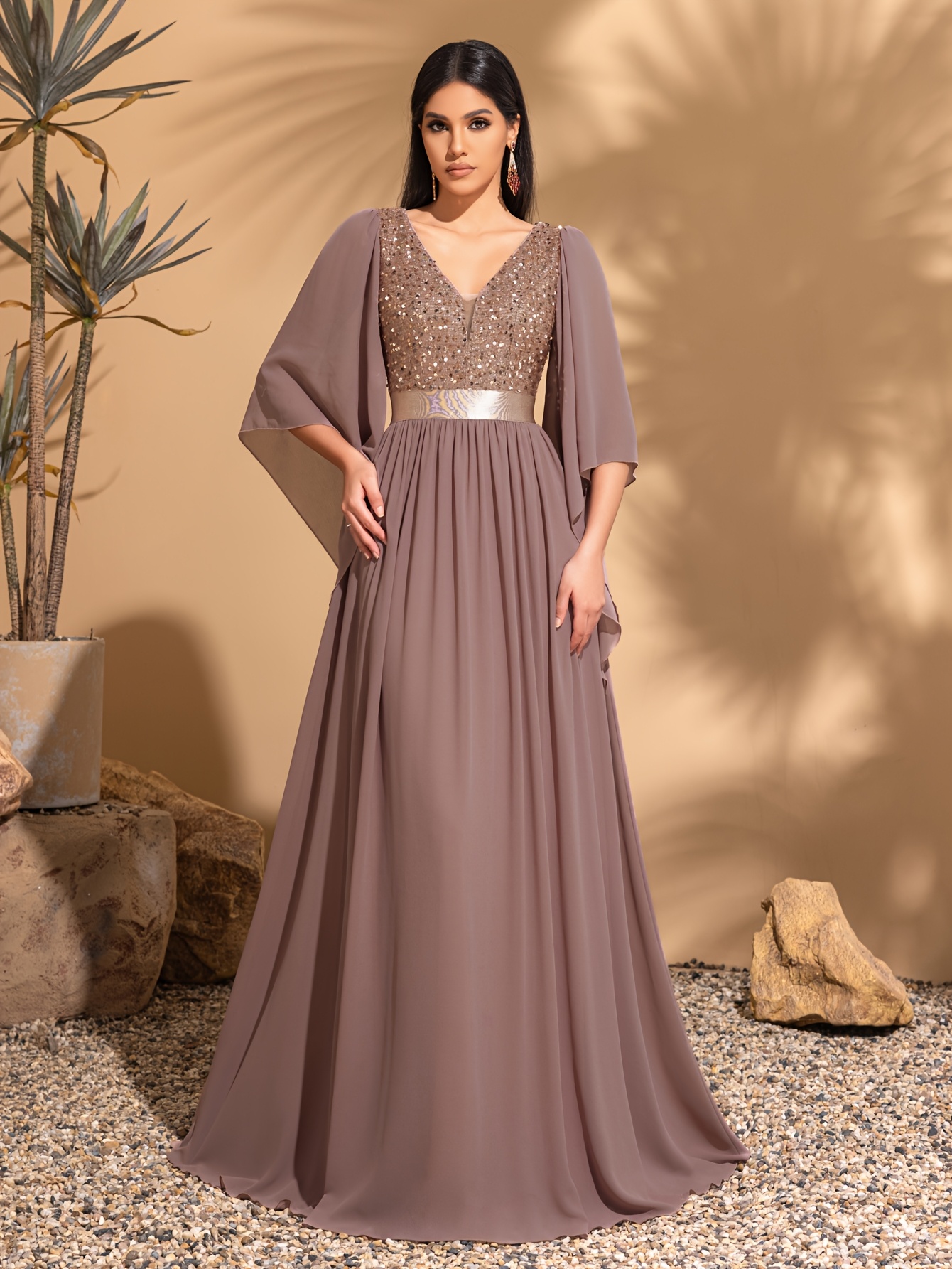 Elegante vestido de chiffón con lentejuelas de cuello vintage, vestido  largo de mujer con de poliéster 95% elastano 5% tela, v