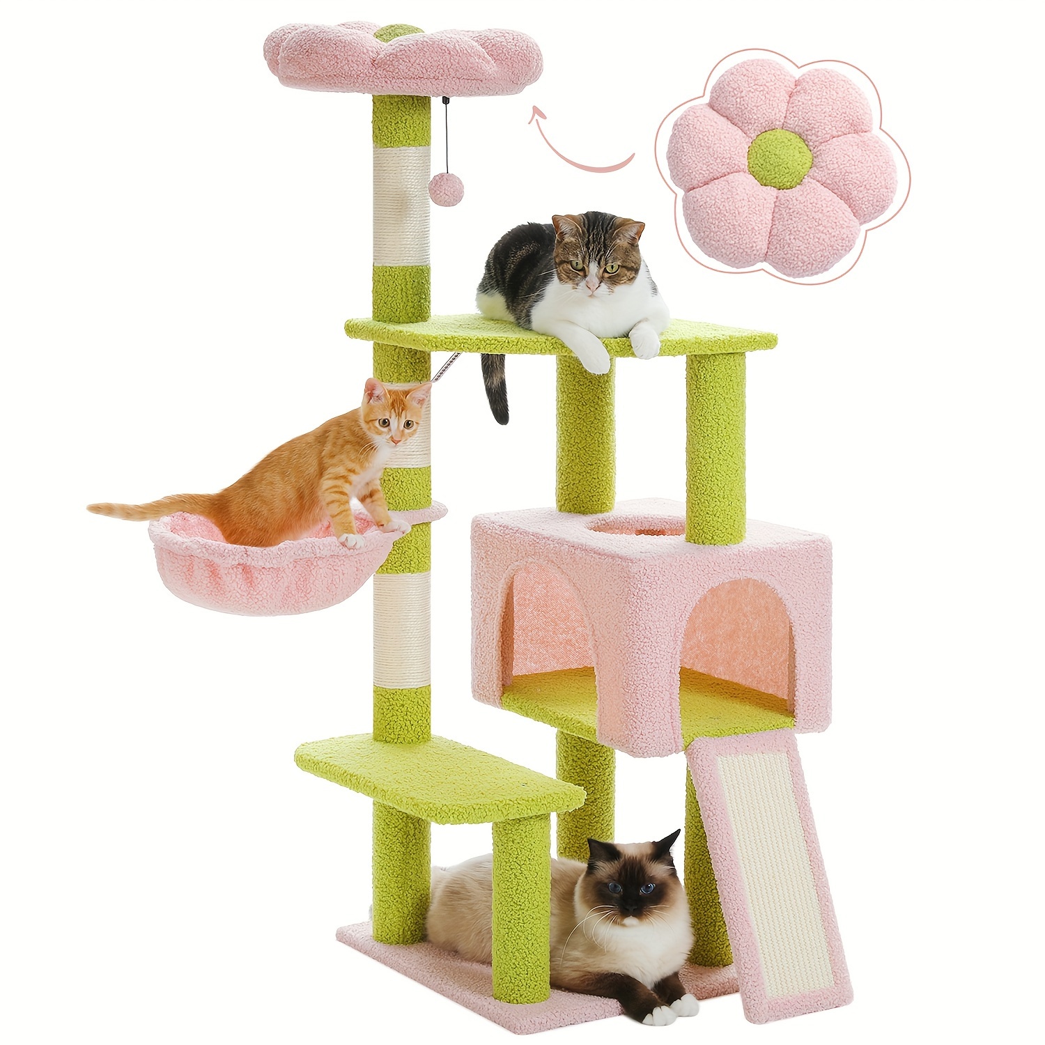 TEMU Flower Cat Tree 47.2" Multi-level Cat Tower With Sisal Covered Scratching Posts, Cute Cat Condo For Indoor Small Medium Cats, Pink Top Perch, Ramp, Fluffy Ball