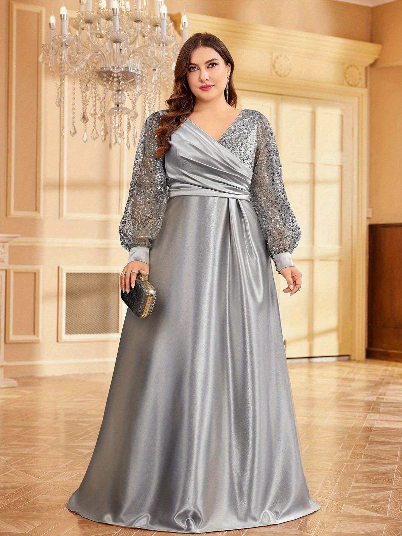 green emerald velvet dress Poly USA W1004 Plus Size Long Glitter Mesh Dress main image 1