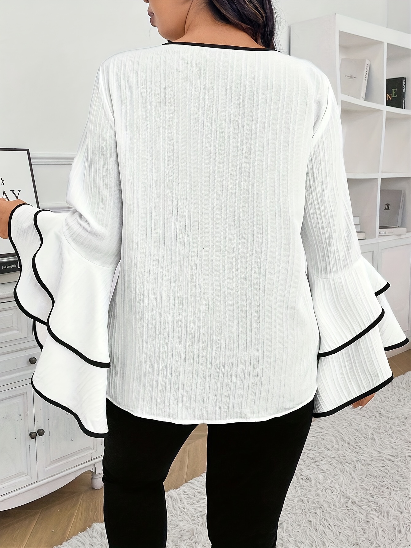 Plus Size Contrast Trim Crew Neck Blouse, Elegant Layered Ruffle Sleeve Top For Spring & Fall, Women's Plus Size Clothing