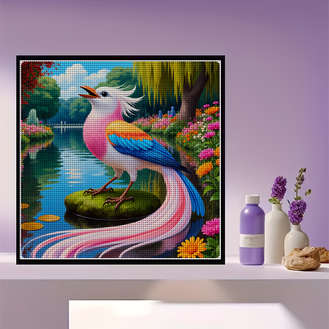 Cross Stitch Printed Kit, Frameless Feathered Divine Bird Design
