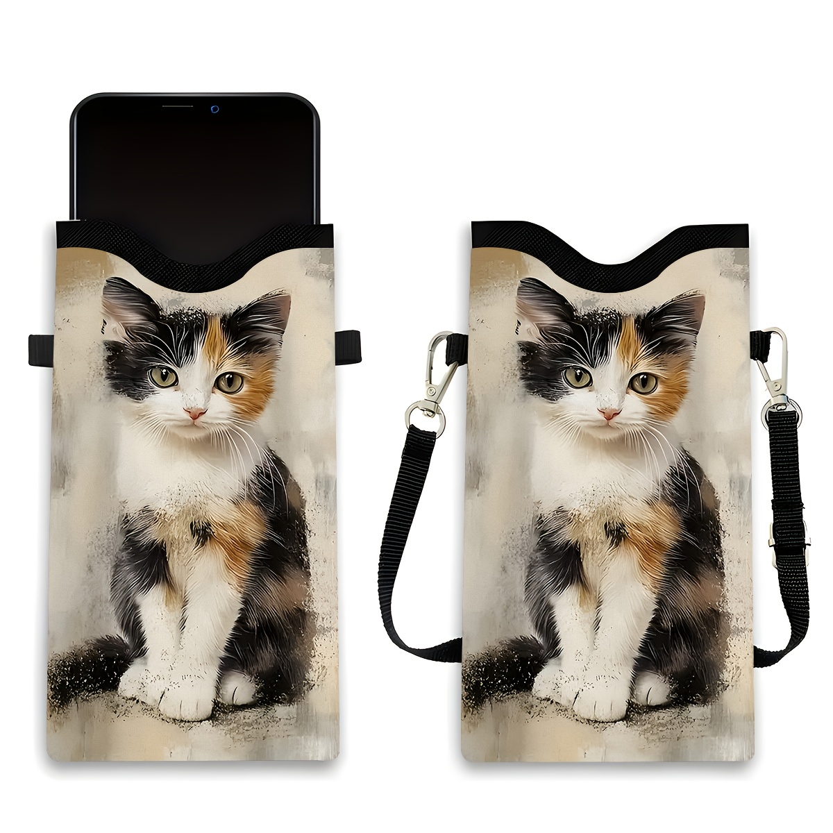 TEMU A Shock-proof Mobile Phone Case Of Synthetic Leather, Featuring A Cat Pattern And An Adjustable Shoulder Strap. Suitable For And Phones, And Has