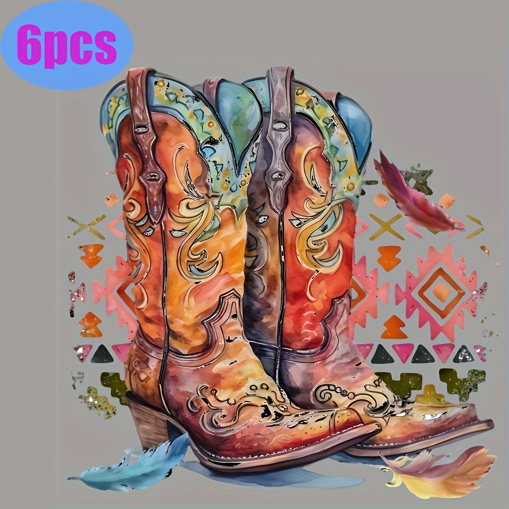 TEMU 6pcs Bohemian Retro Western Cowboy Boot Iron-on Patches - Vibrant Mixed Colors Vinyl Diy Heat Transfer Decals For T-shirts, Backpacks, Hats,