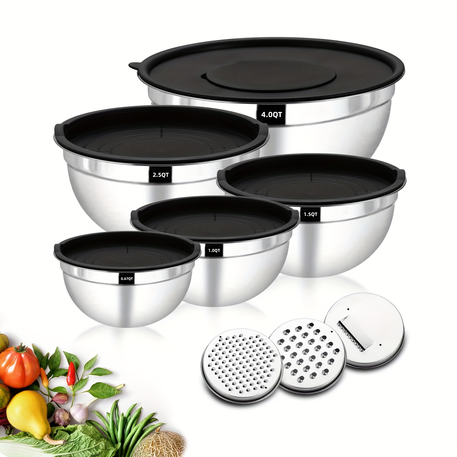 TEMU Set di 8 Ciotole in Acciaio Inossidabile con , Accessori per Dolci e Coperchi - Ciotole da Servizio, Grande Ciotola per , , Set di Stoviglie -