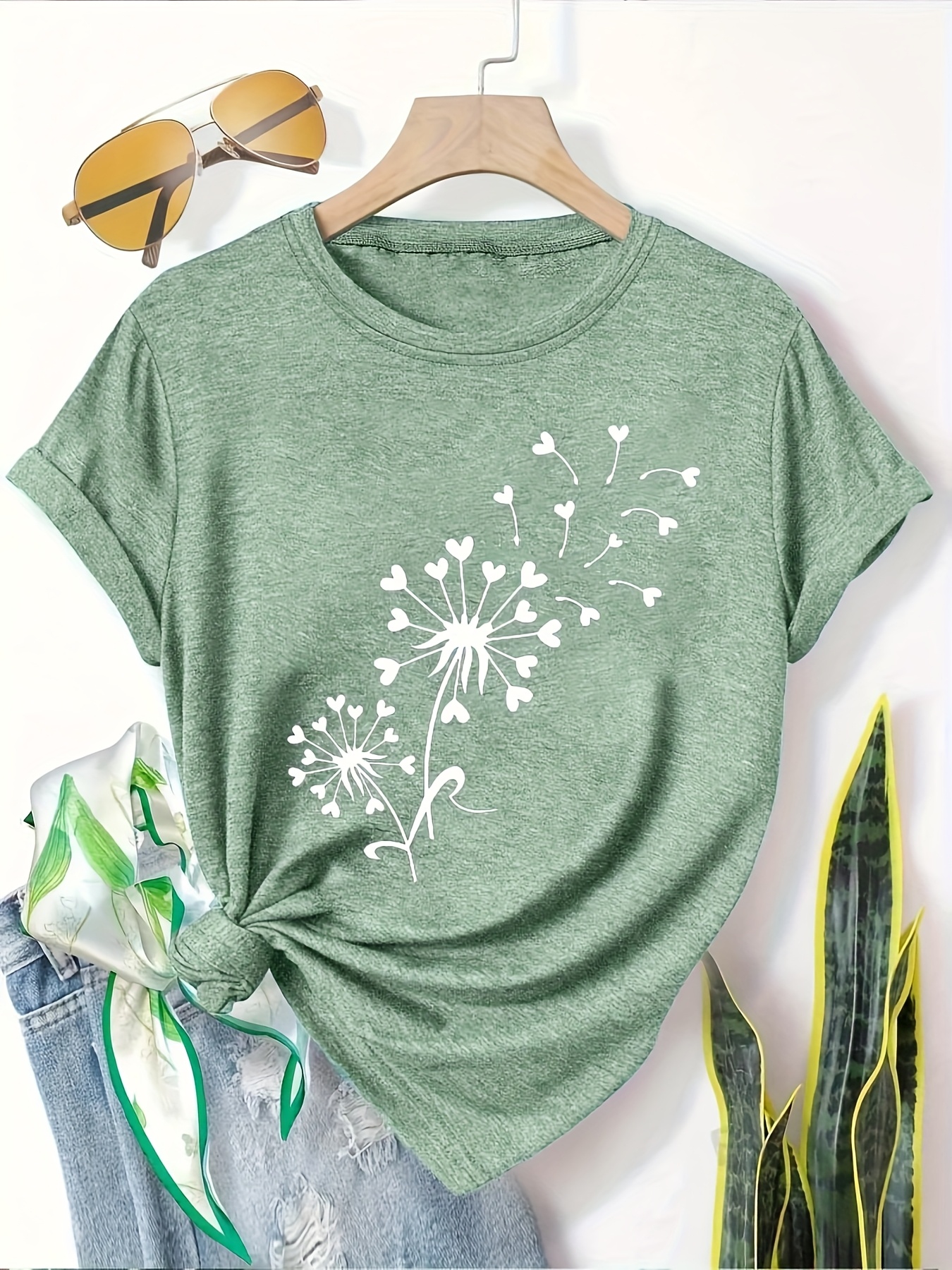 5pcs womens casual short sleeve t shirts summer round neck geometric print tees with dandelion floral     options breathable machine washable fabric cute t shirts everyday outfit     printed   adults Product details 4
